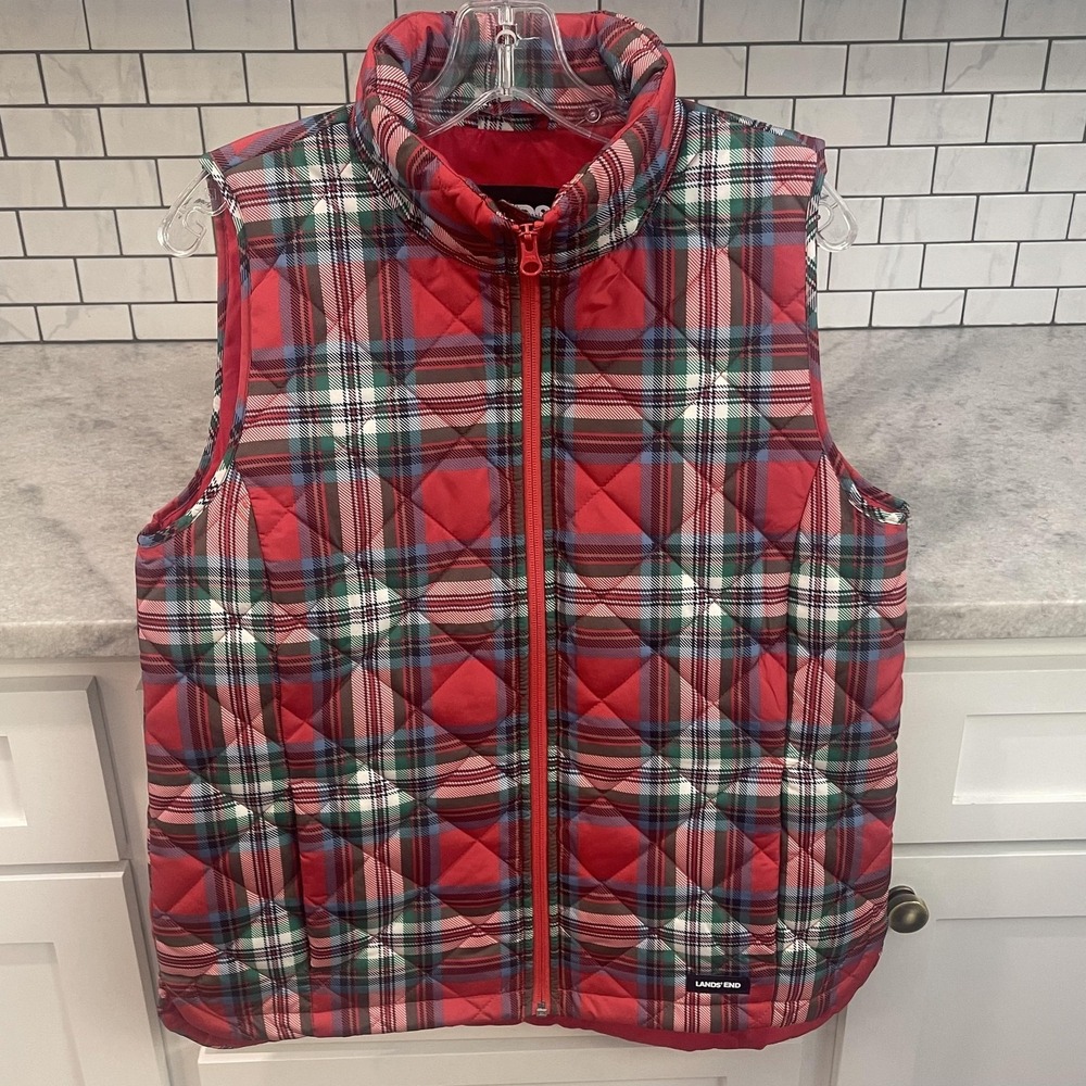 Lands End Vest Womens Small Red Tartan Plaid Quilted‎ Puffer Full Zip Hiking